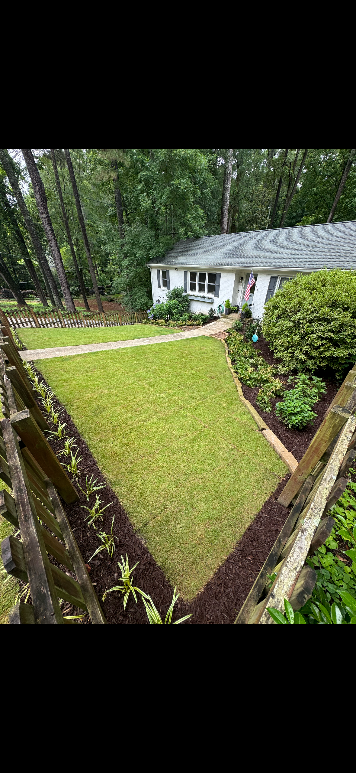 Pulse Landscaping after — lush green lawn with defined beds, mulch, and structured plantings
